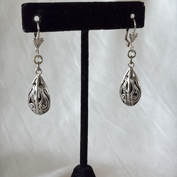 Sterling Silver Filigree Puffy Teardrop Earrings - Picture 2 of 10